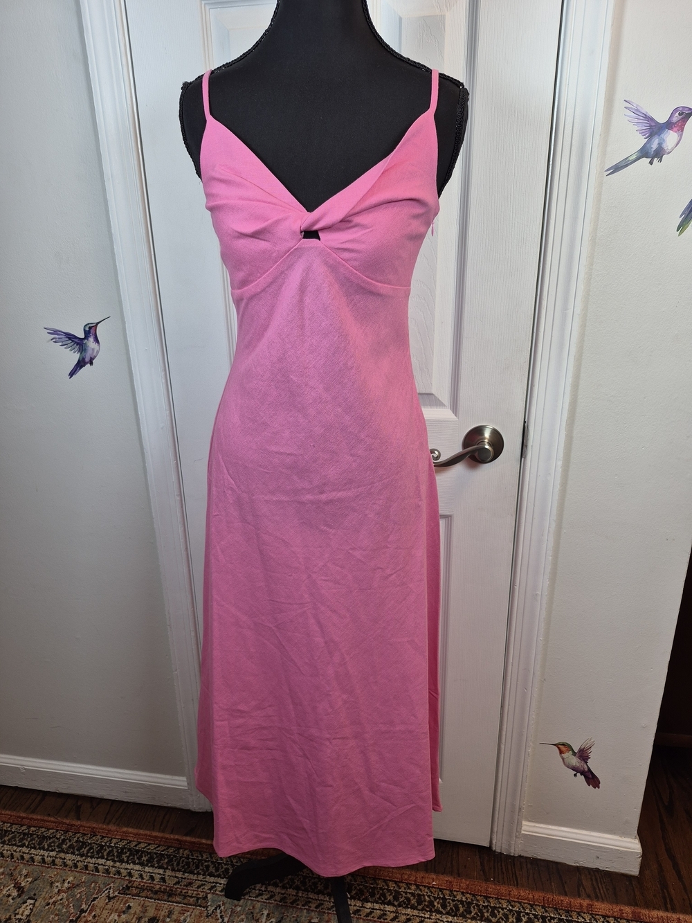NWT IDS Pink Linen Blend Twisted Bust Midi Dress Coquette Vacation Summer 6
